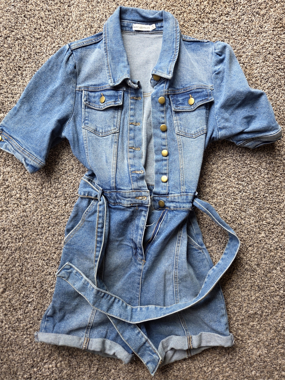 Avec Les Filles Medium Blue Denim Romper with Belt